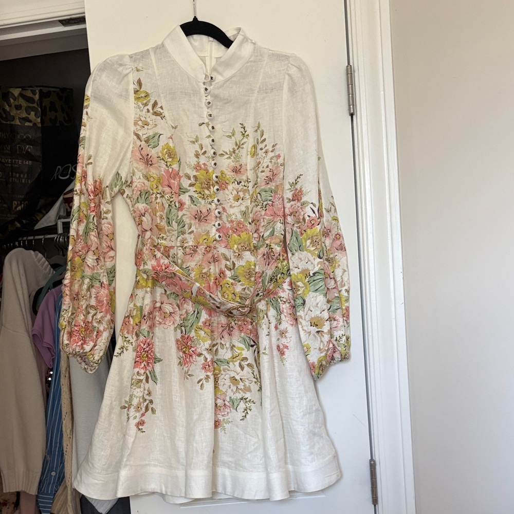 Zimmermann Cream Floral Dress with Pink and Green Accents